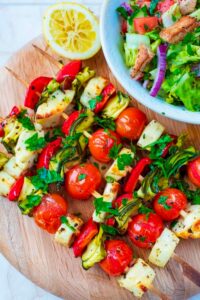 vegetable halloumi skewers