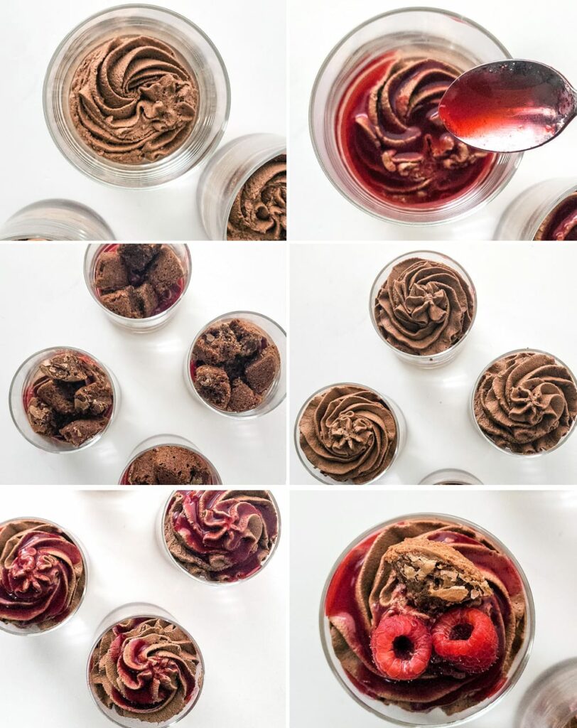 assembling chocolate parfait in glasses