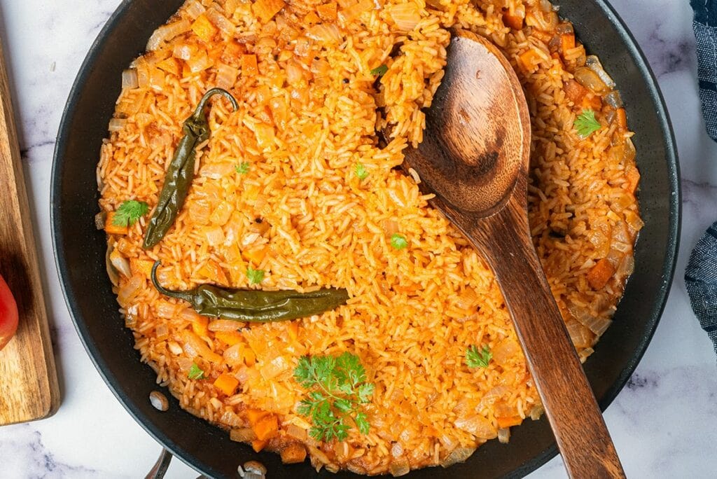 arroz rojo recipe -Mexican red rice in a skillet