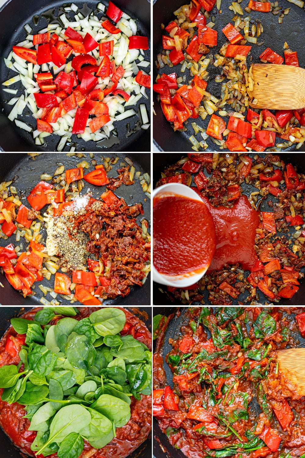 steps showing how to make tomato spinach pasta sauce