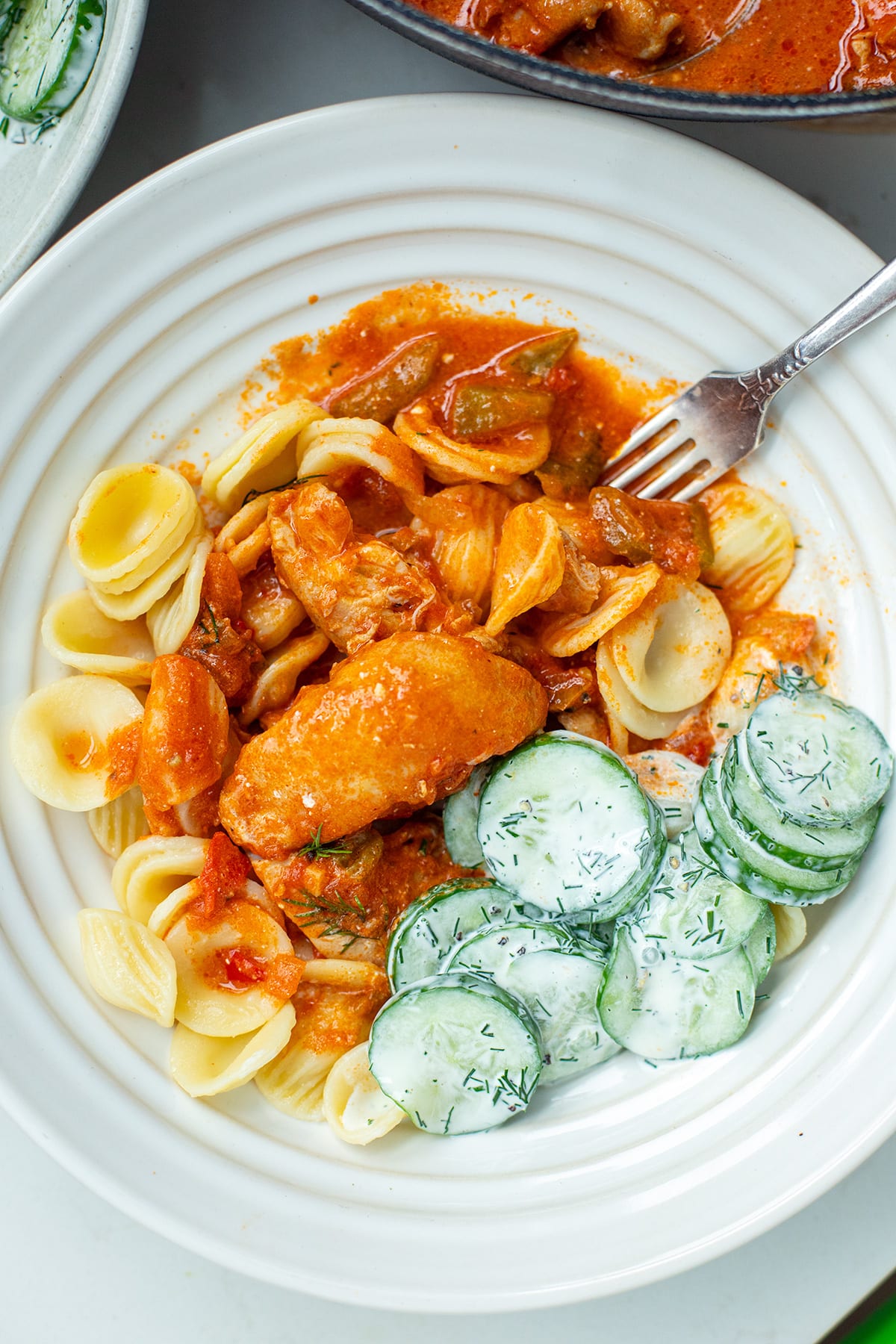 Chicken paprikash with pasta and cucumber salad