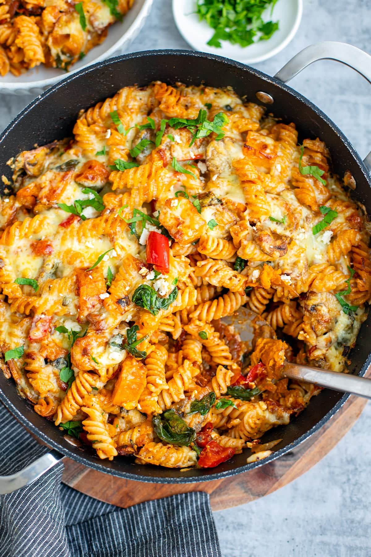 Veggie pasta bake recipe in a skillet