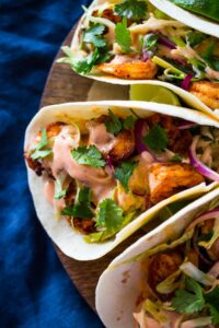 Spicy Shrimp Tacos with Cilantro Slaw and Sriracha Sauce