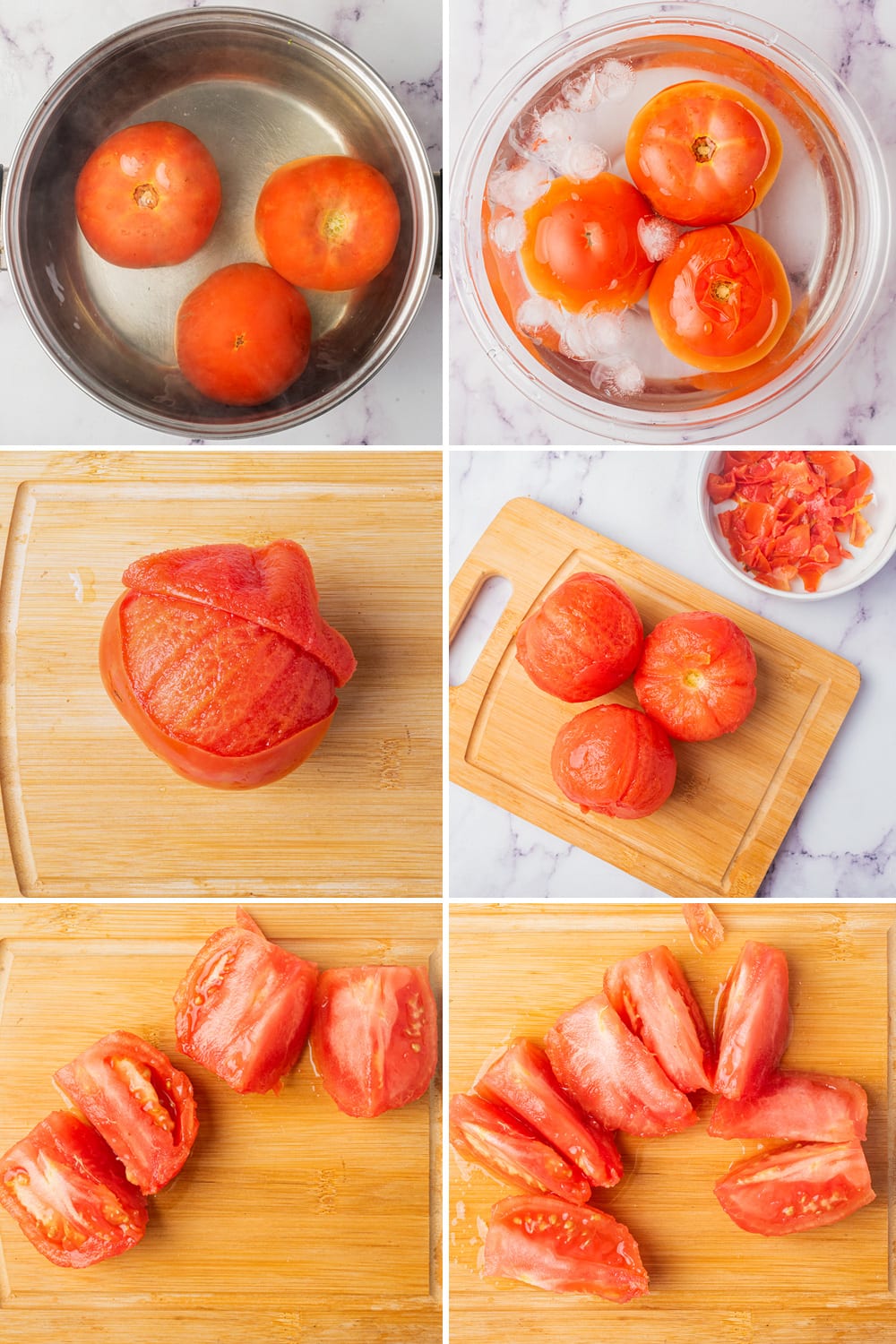 how to prepare tomatoes for stewing - blanch, ice, peel