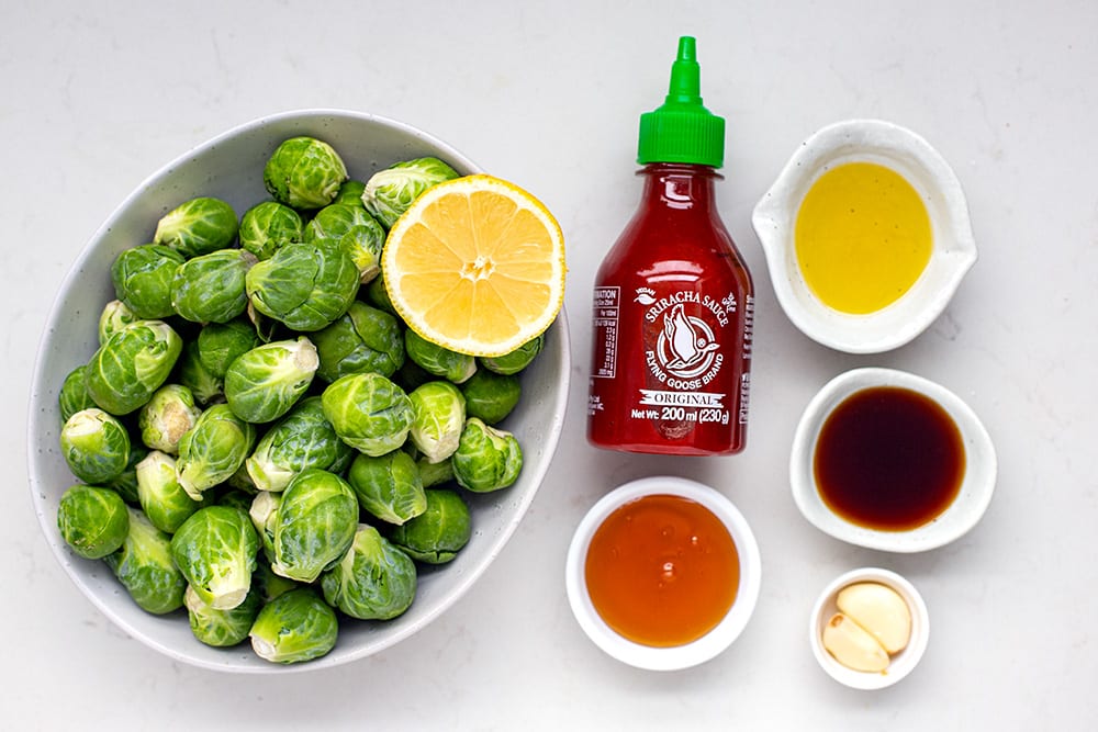 ingredients to make honey sriracha brussels sprouts