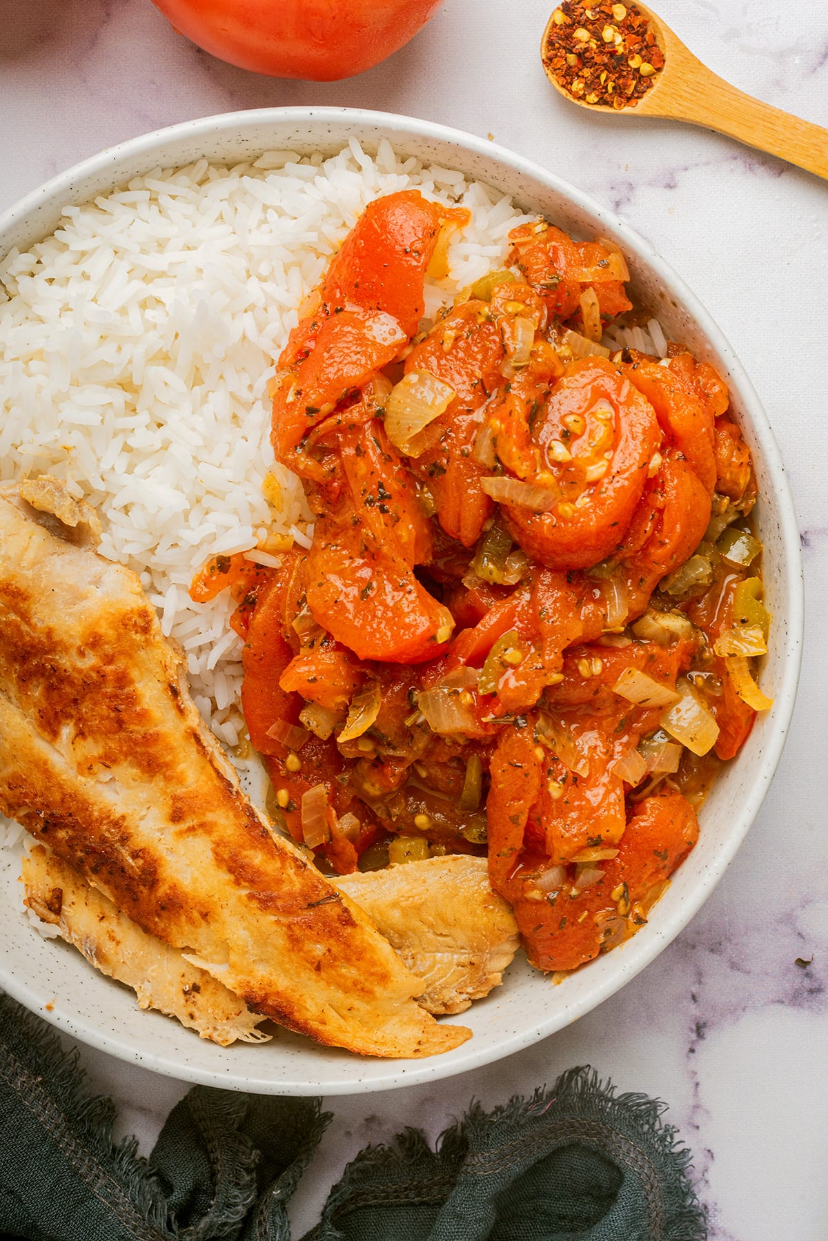 stewed tomatoes with rice and fish