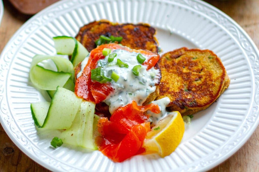 Savory Sweet Potato Pancakes With Smoked Salmon & Herby Mayo