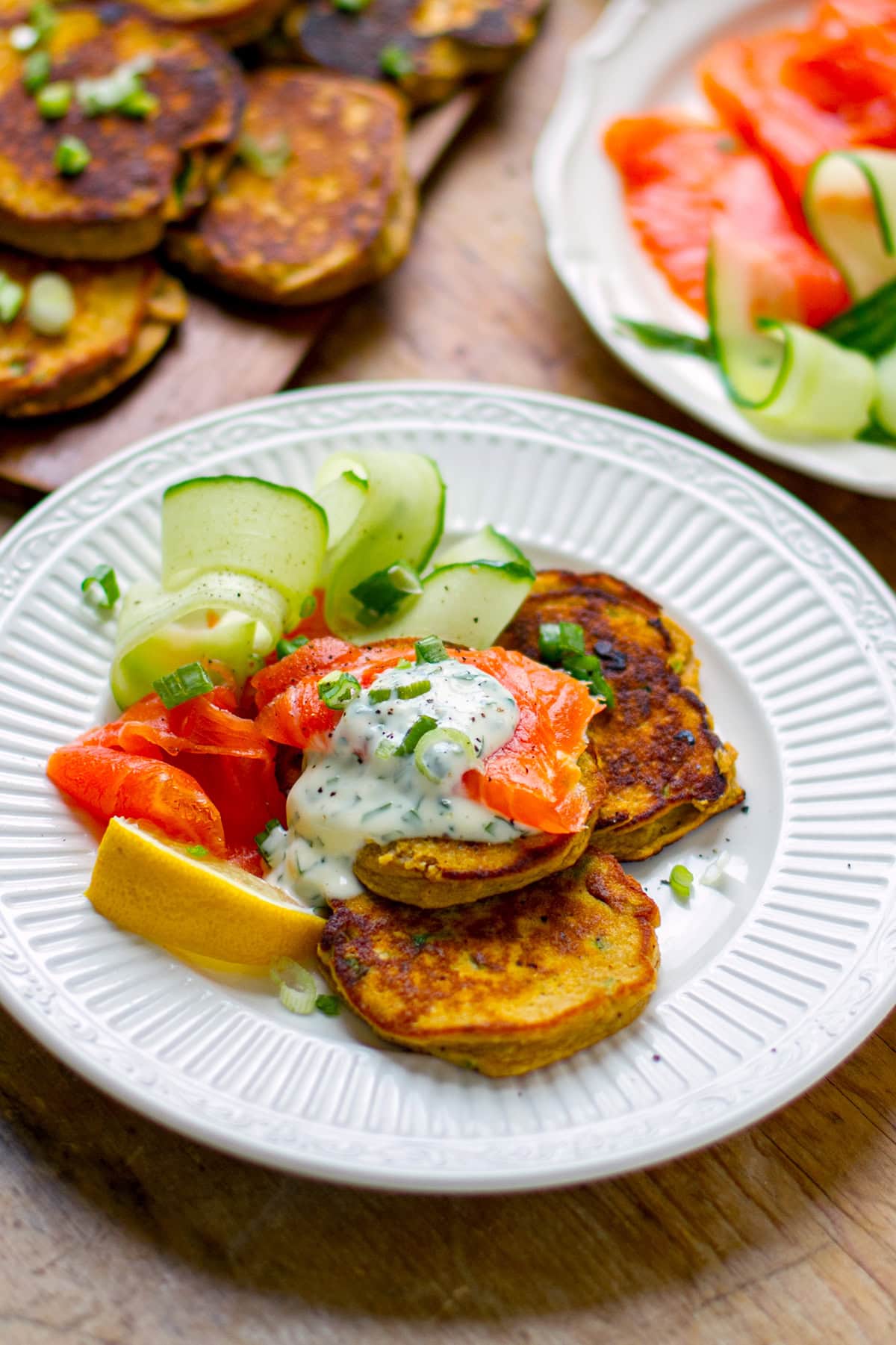 Savory Sweet Potato Pancakes With Smoked Salmon & Herby Mayo