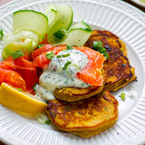 Savory Sweet Potato Pancakes With Smoked Salmon & Herby Mayo