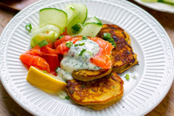 Savory Sweet Potato Pancakes With Smoked Salmon & Herby Mayo