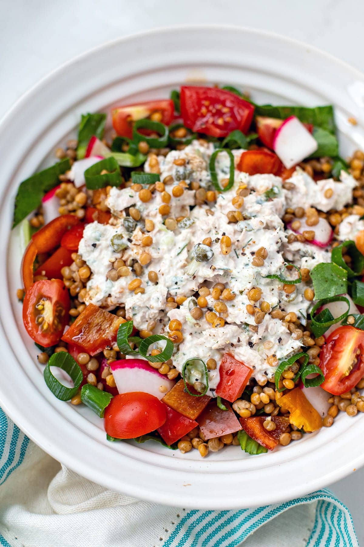 High protein high fibre tuna lentil salad