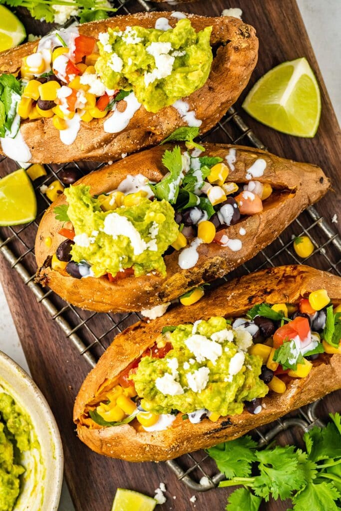 Mexican stuffed sweet potatoes on a board