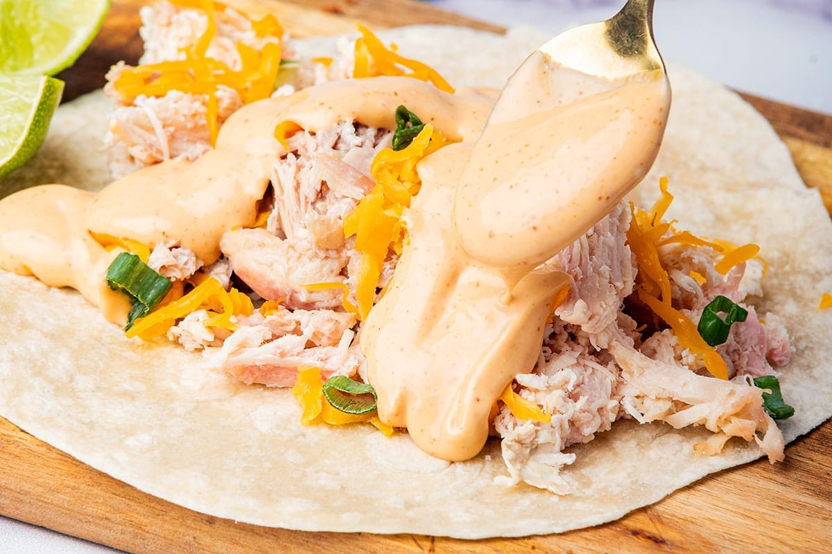 Bang Bang sauce on chicken tacos.