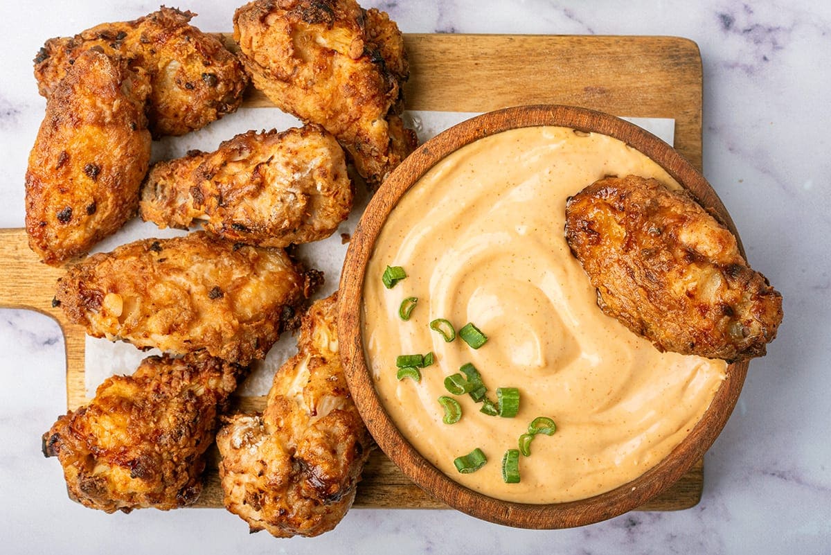 bang bang sauce with fried chicken.
