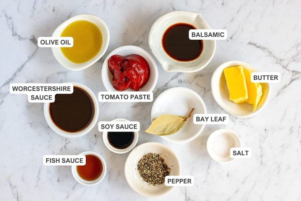 ingredients for mushroom beef stew: sauces and seasonings