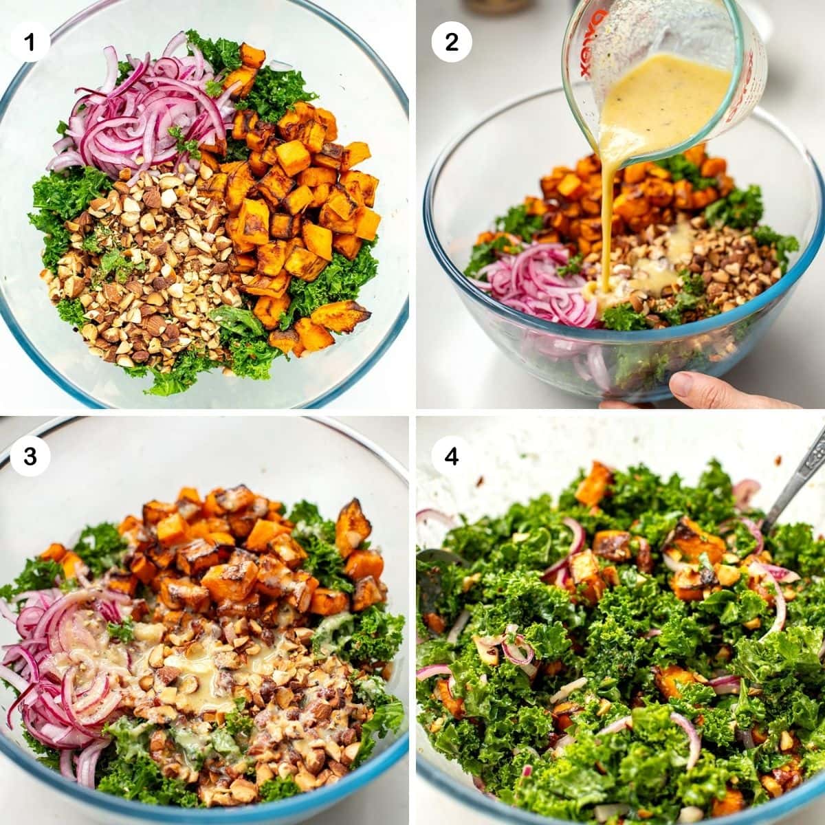 Assembling kale salad with sweet potatoes, almon and tahini honey lemon dressing.