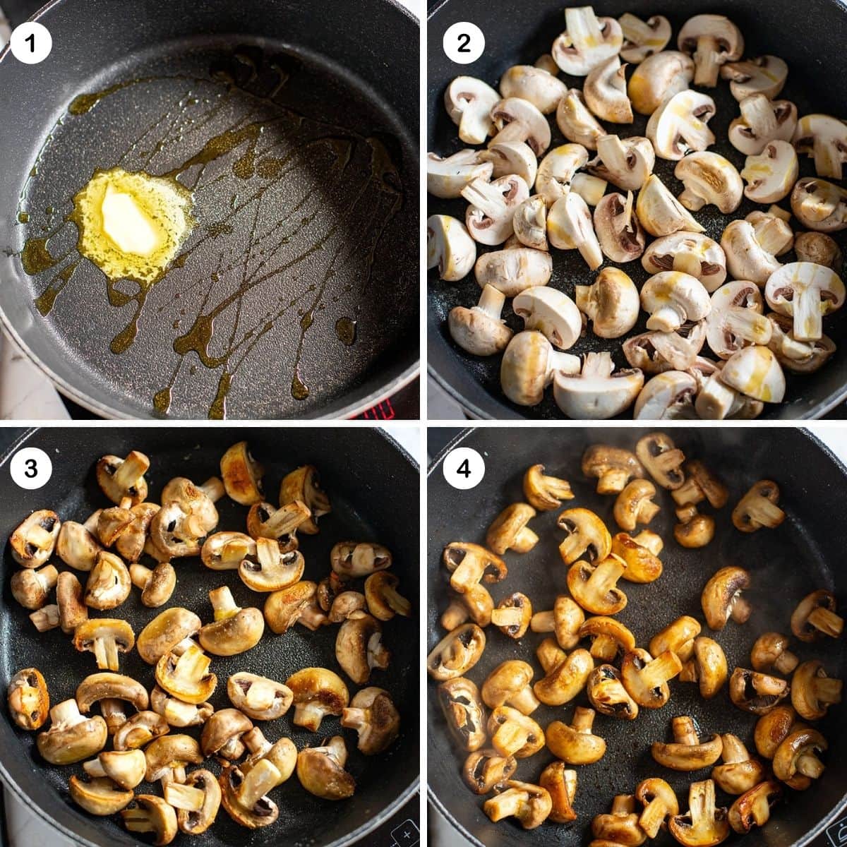 pan frying mushrooms until golden brown with balsamic vinegar finish