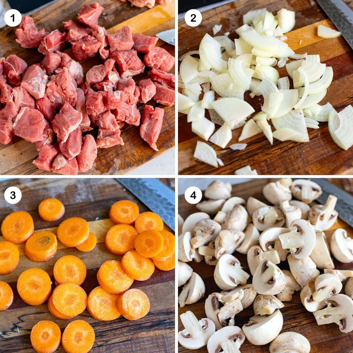 diced beef, sliced onions, sliced carrot and cut up mushrooms