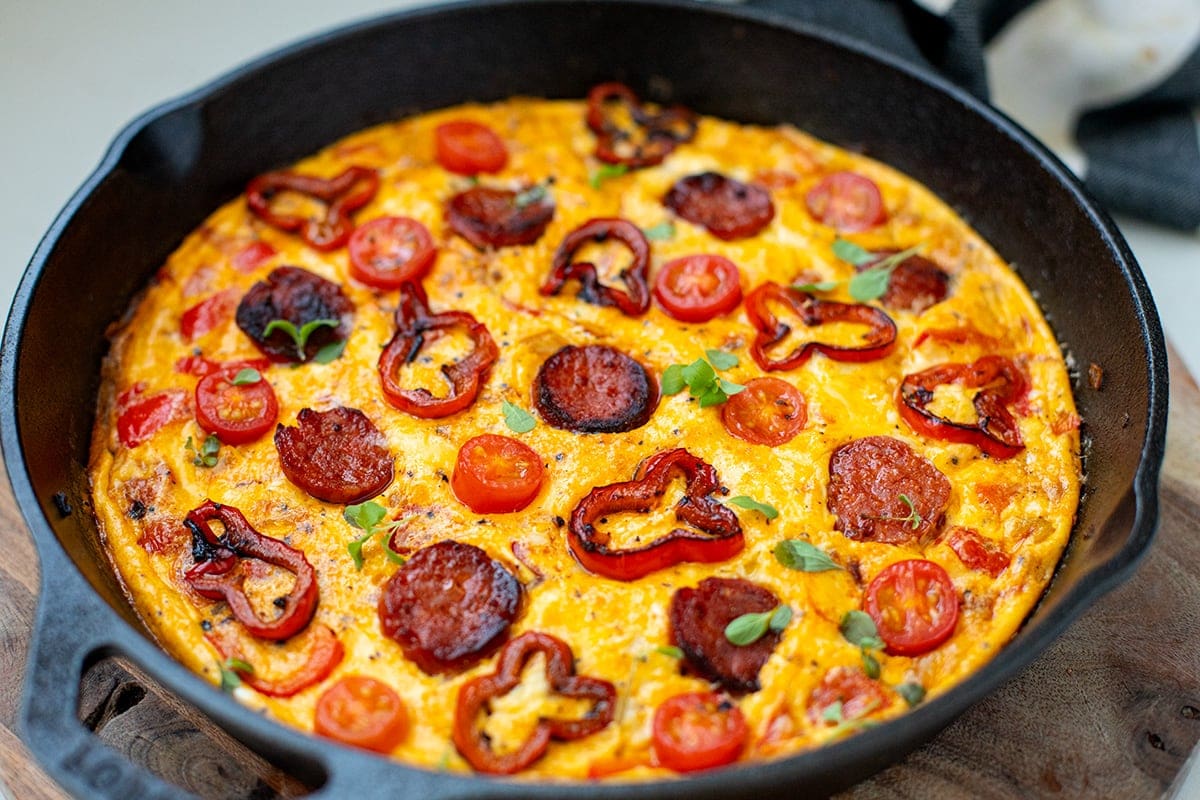 frittata with chorizo and peppers out of the oven