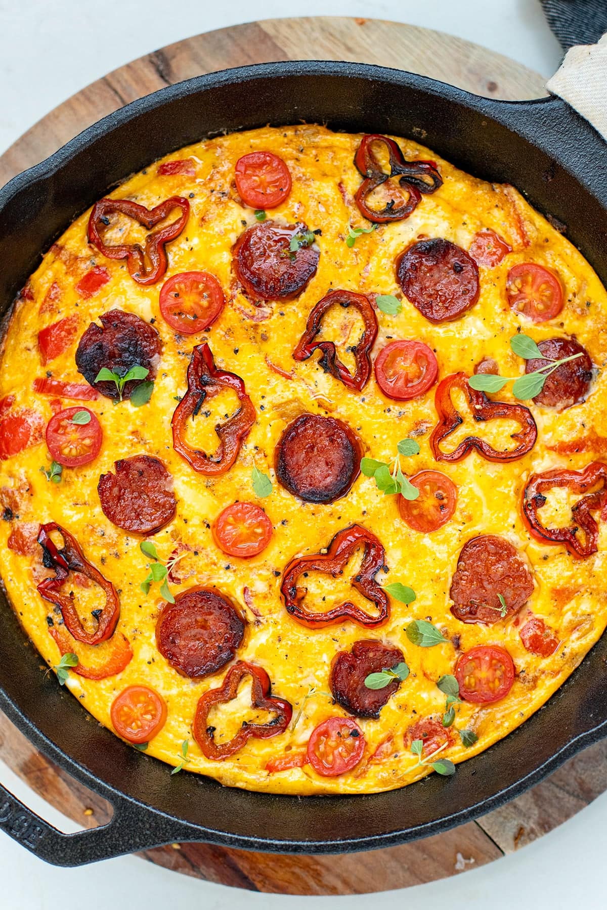 Baked frittata with chorizo, tomatoes and red peppers