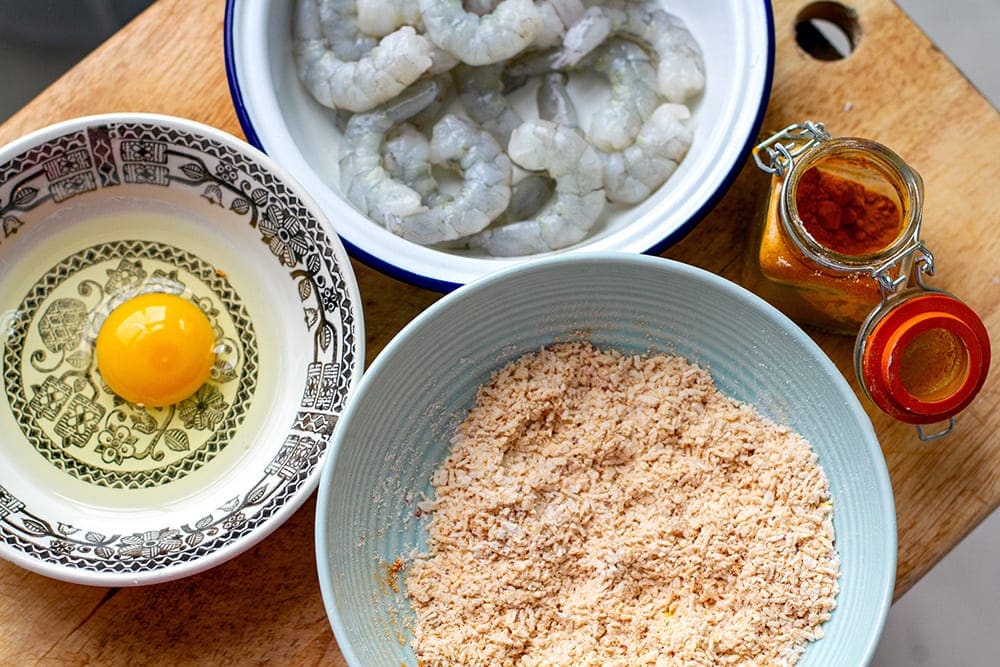 Shrimp, egg, coconut crumb mixture.