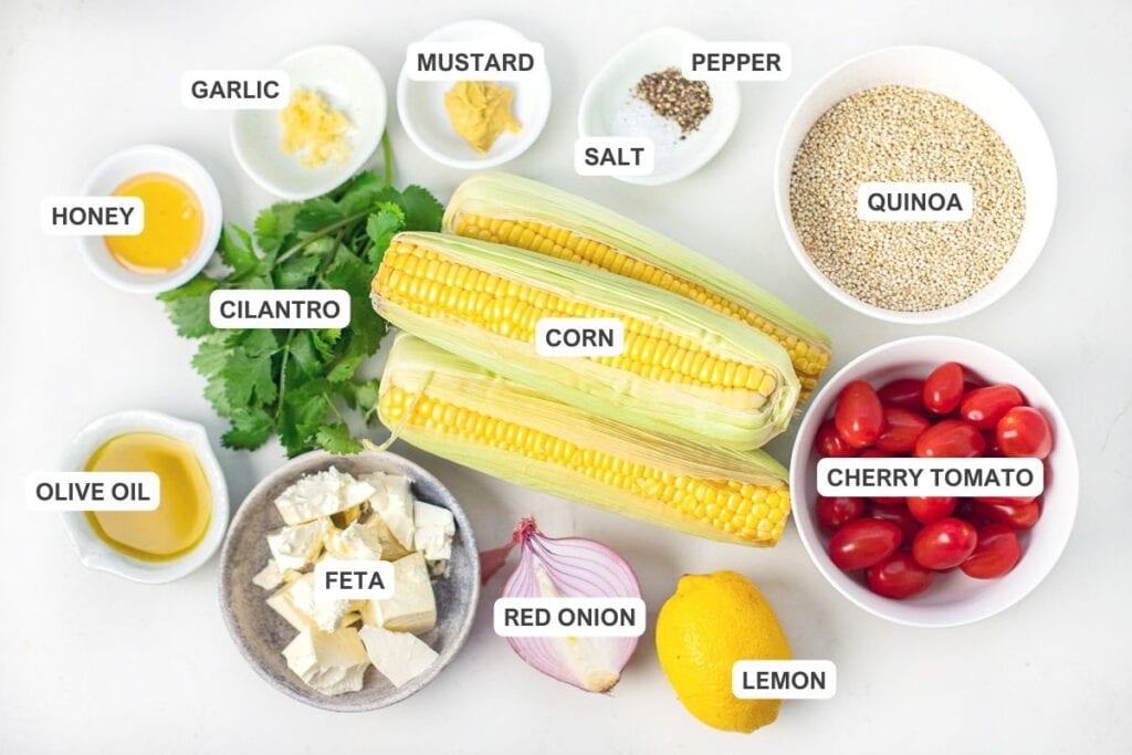 Ingredients for corn quinoa salad.