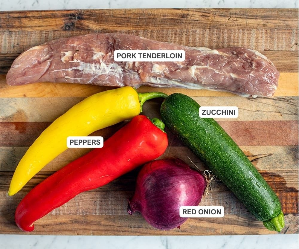 Pork tenderloin, zucchini, red onion, and bell peppers