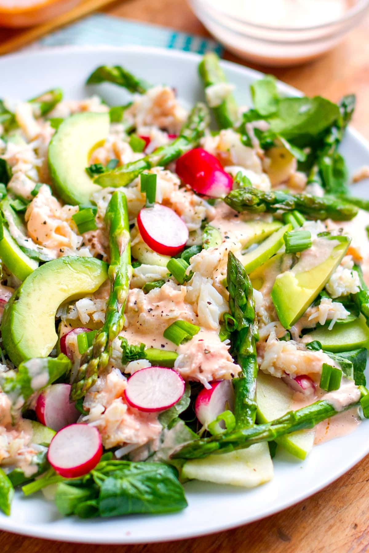 summer salad with crab, asparagus, grapefruit, and pink grapefruit dressing