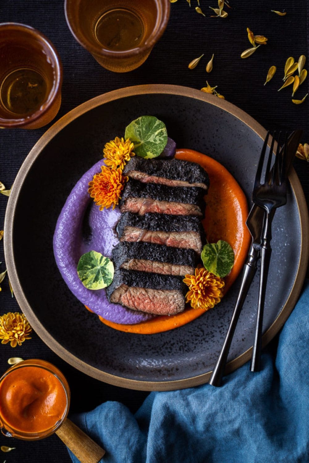 Reverse Sear Black Magic Top Sirloin With Purple Cauliflower Puree And Orange Sauce