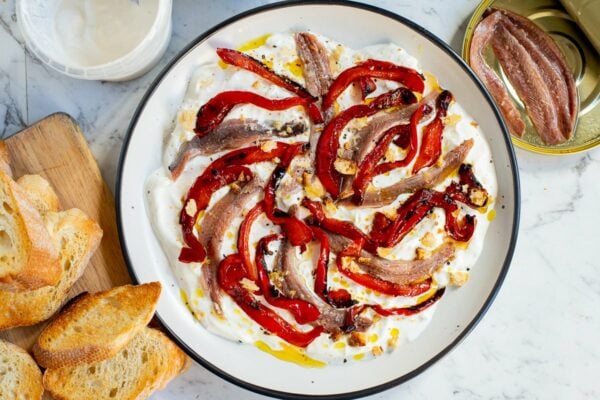 stracciatella with anchovies & balsamic peppers feature