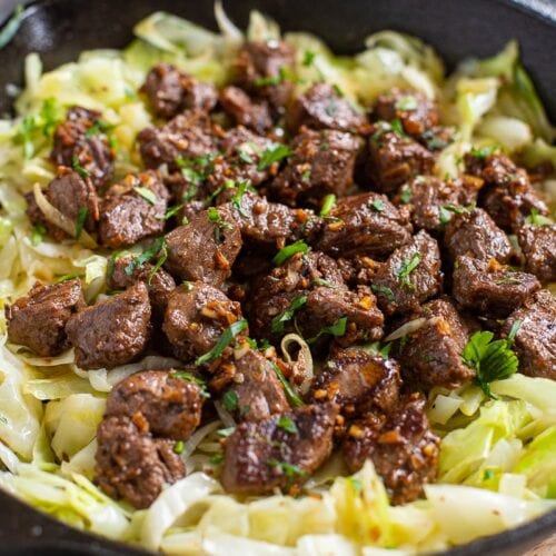 Garlic Butter Steak Bites With Sautéed Cabbage feature