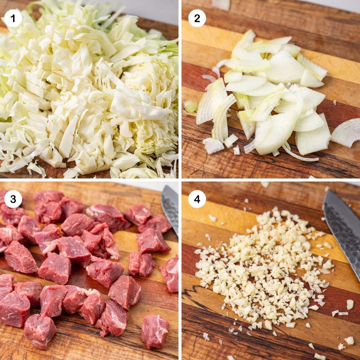 prep ingredients beef and cabbage of garlic butter steak bites