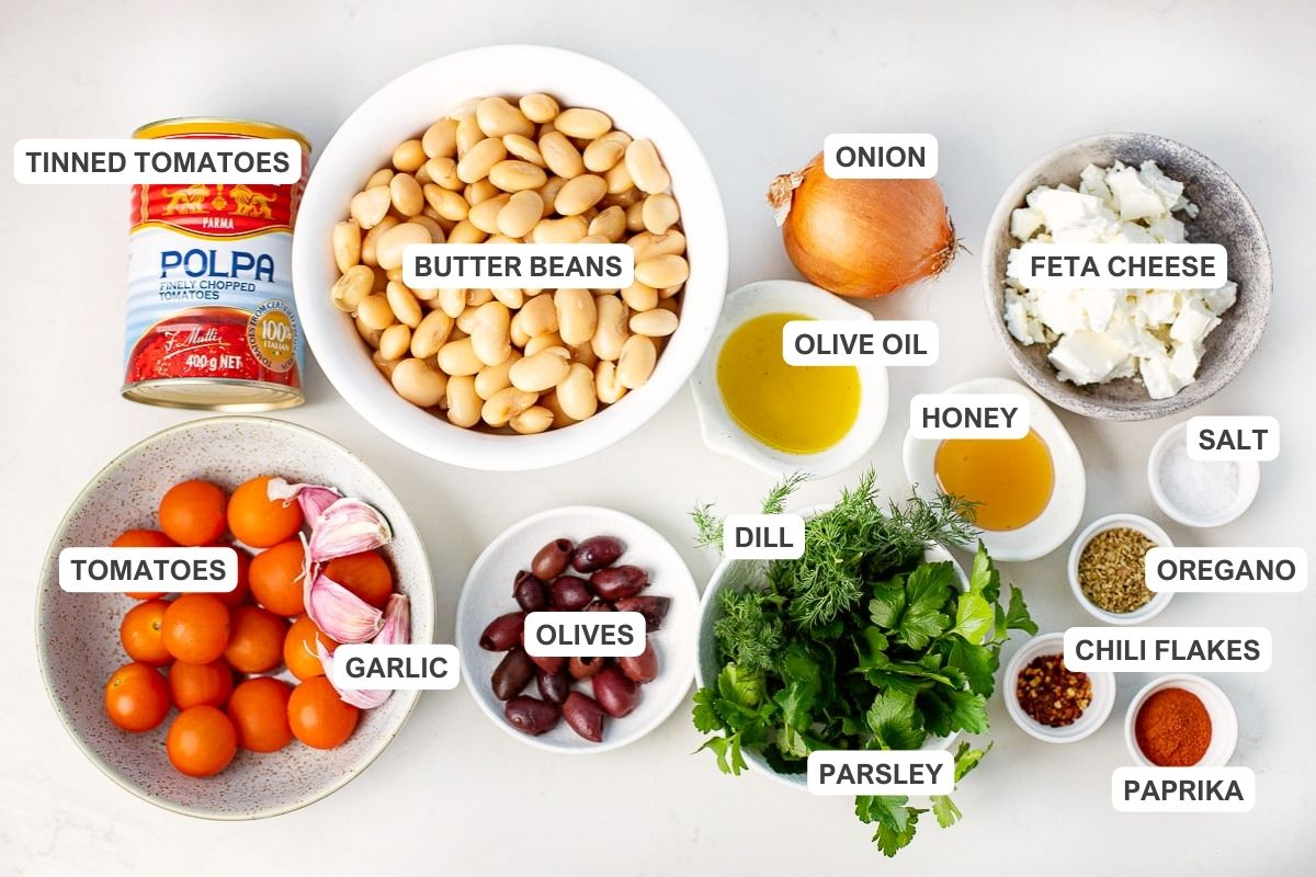 Ingredients for butter bean saganaki.
