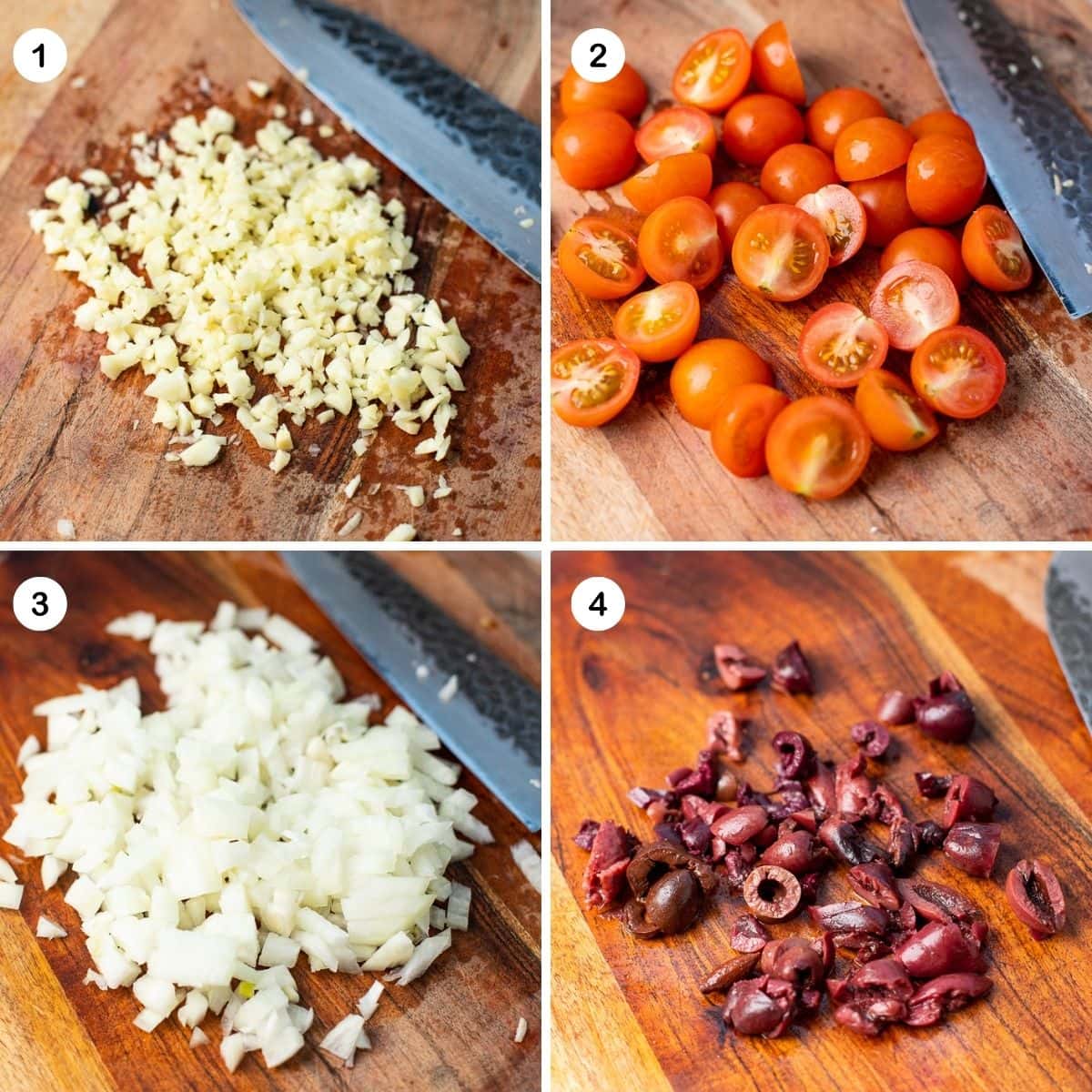 diced onions, garlic, tomatoes and olives for making Greek beans.