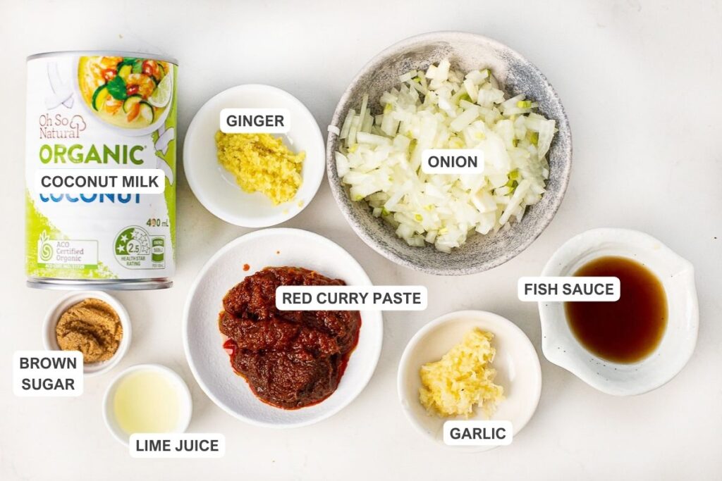 fish curry ingredients - coconut milk, ginger, garlic, onion, red curry paste, fish sauce, lime juice, brown sugar