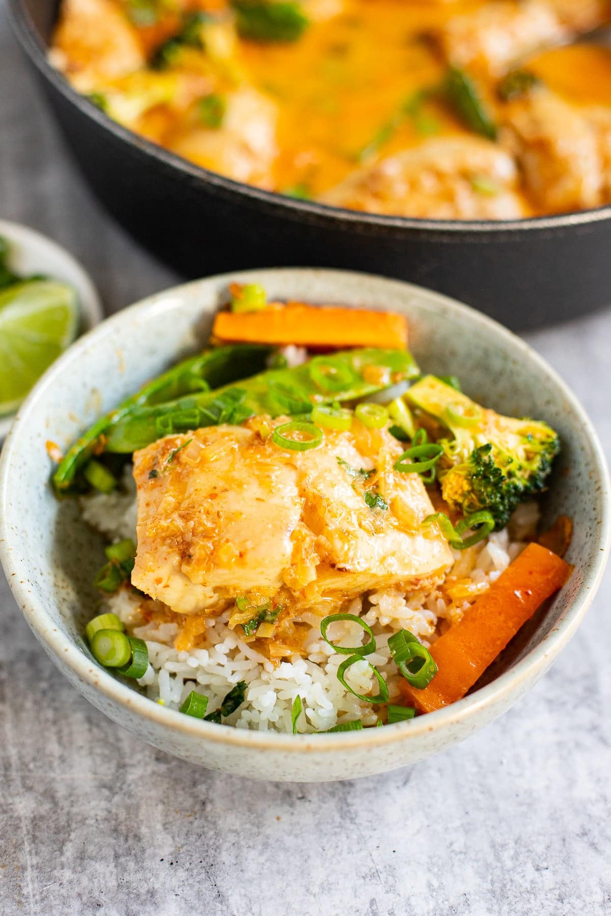Thai fish curry on rice with vegetables
