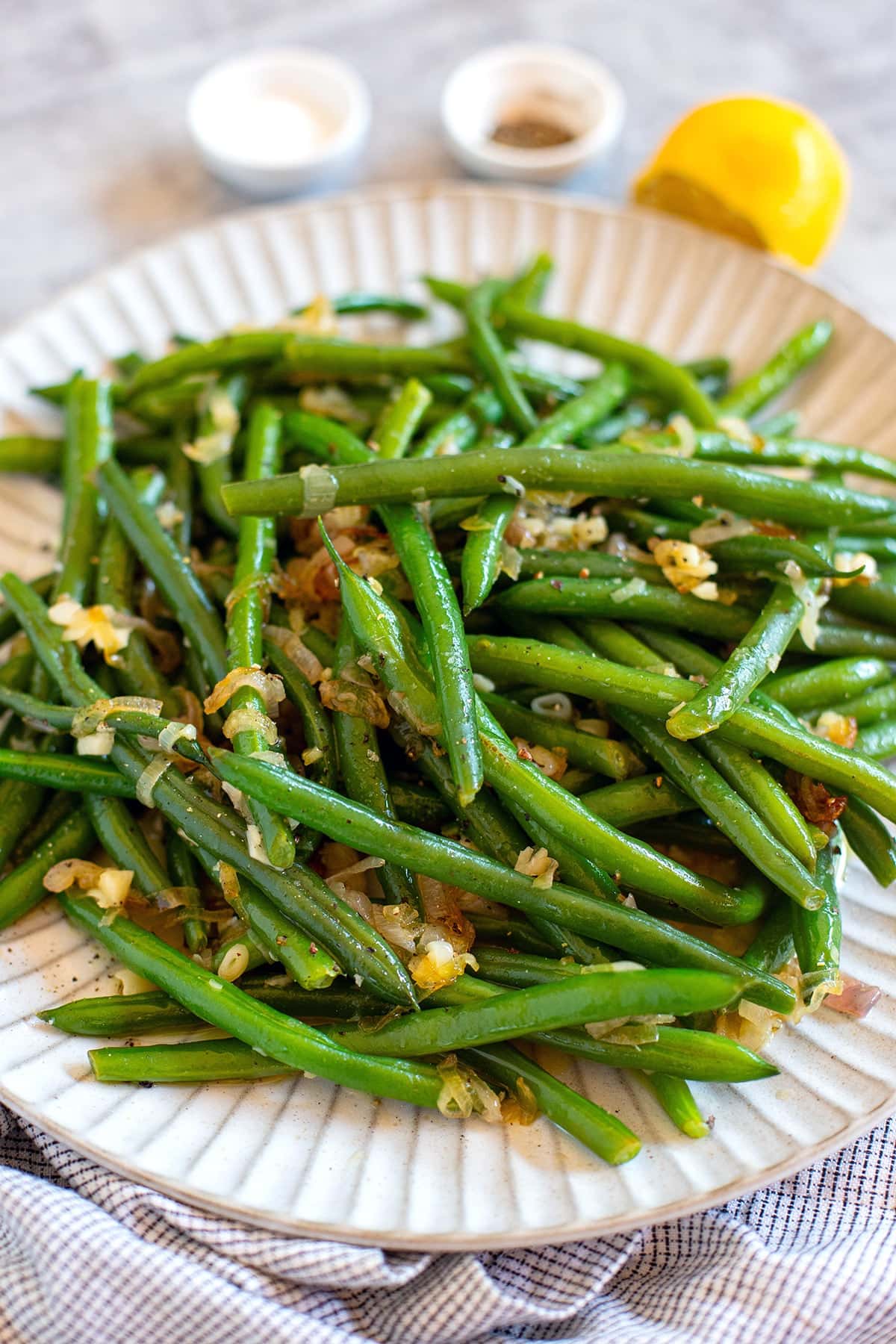 Sautéed green beans with garlic and shallots, French style.