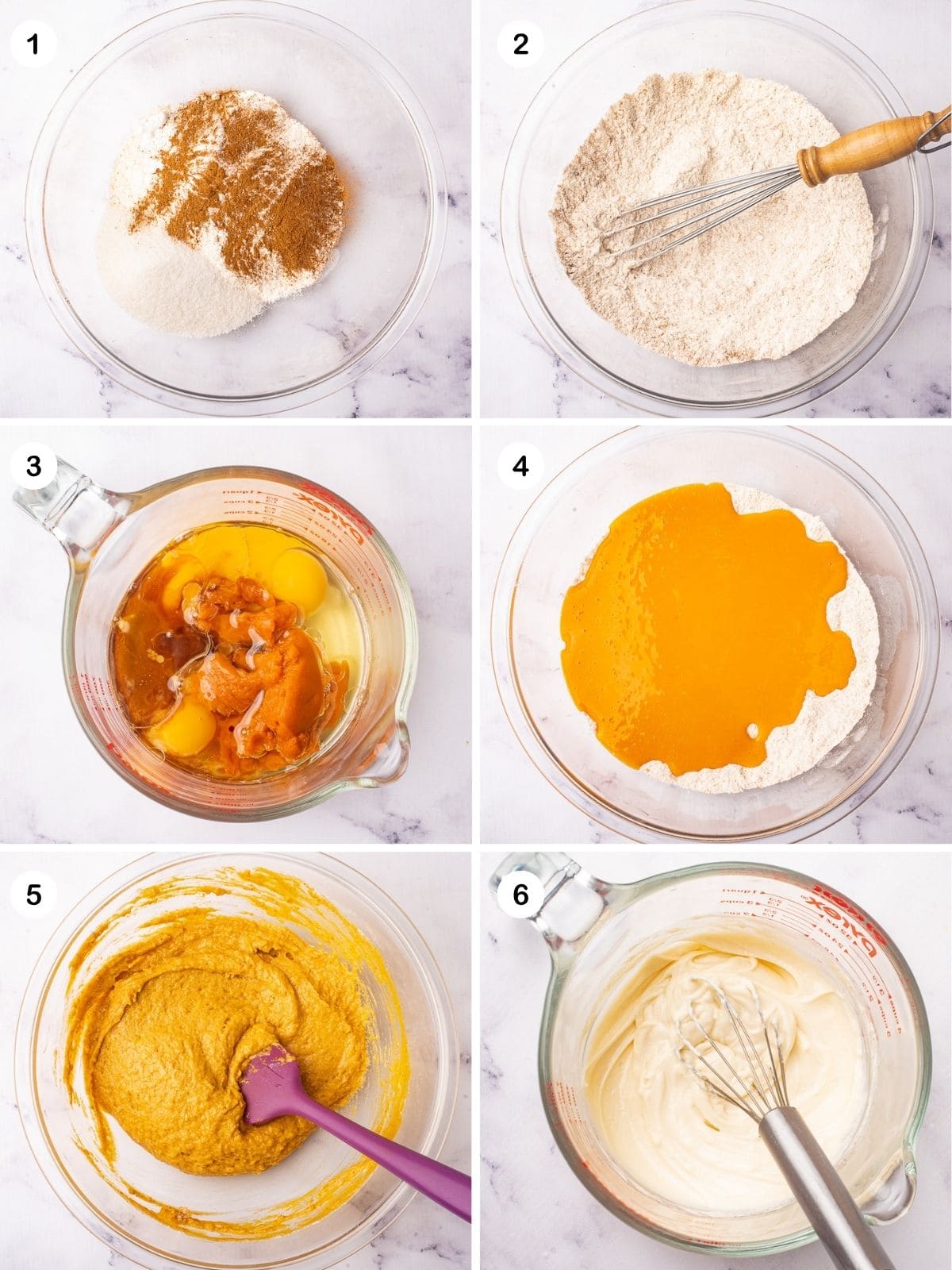 Making pumpkin muffin batter in a bowl and cream cheese mixture