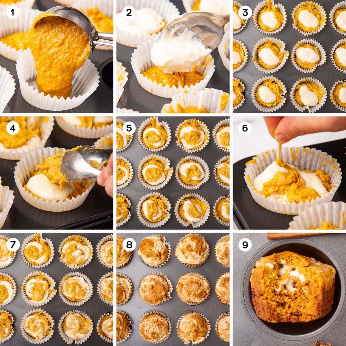 Filling muffin casings with pumpkin muffin batter and cream cheese filling