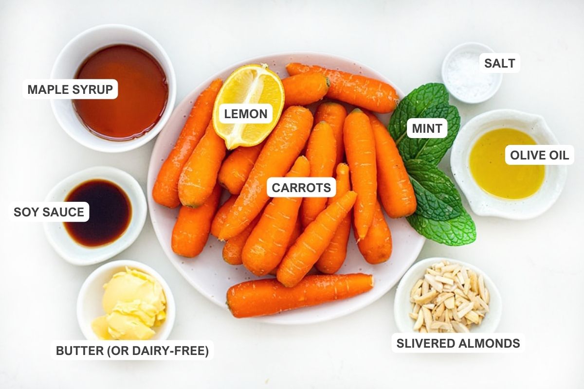 Ingredients to make the recipe including almonds and mint.