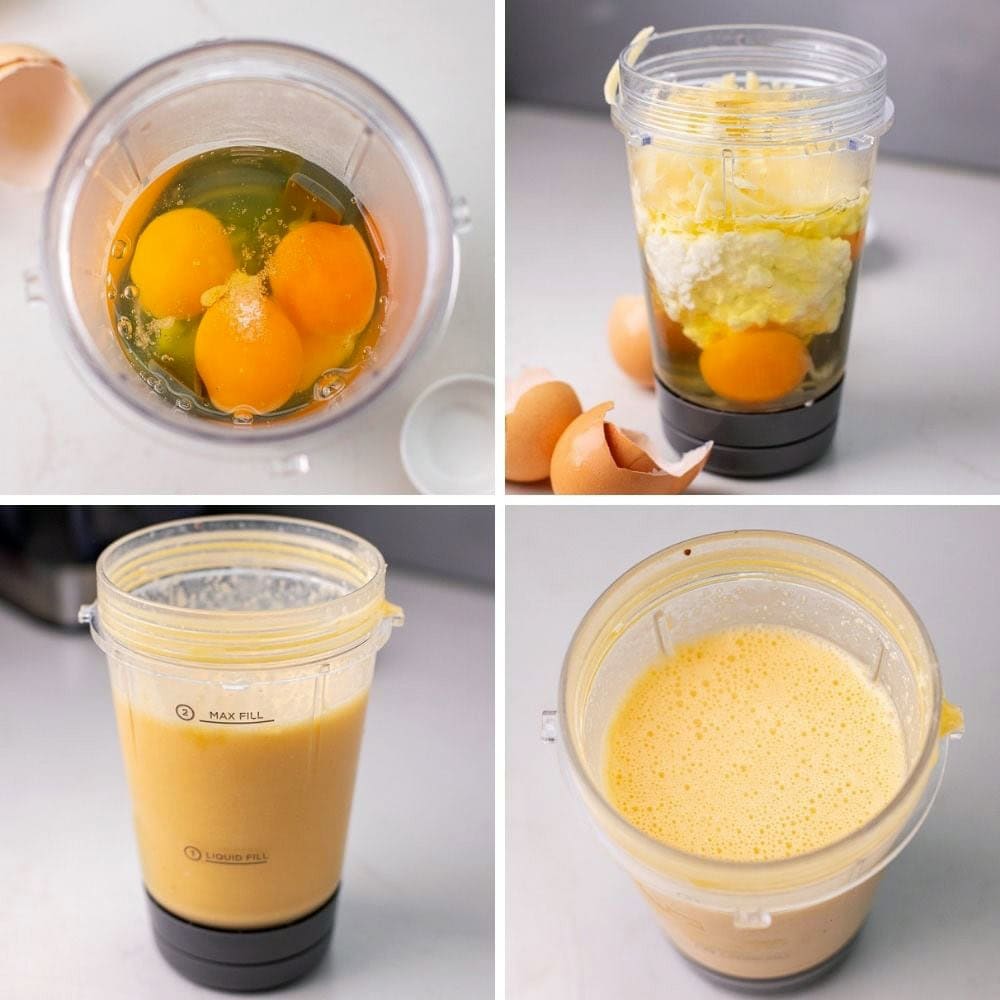 Blend the eggs, salt, cottage cheese, and cheddar