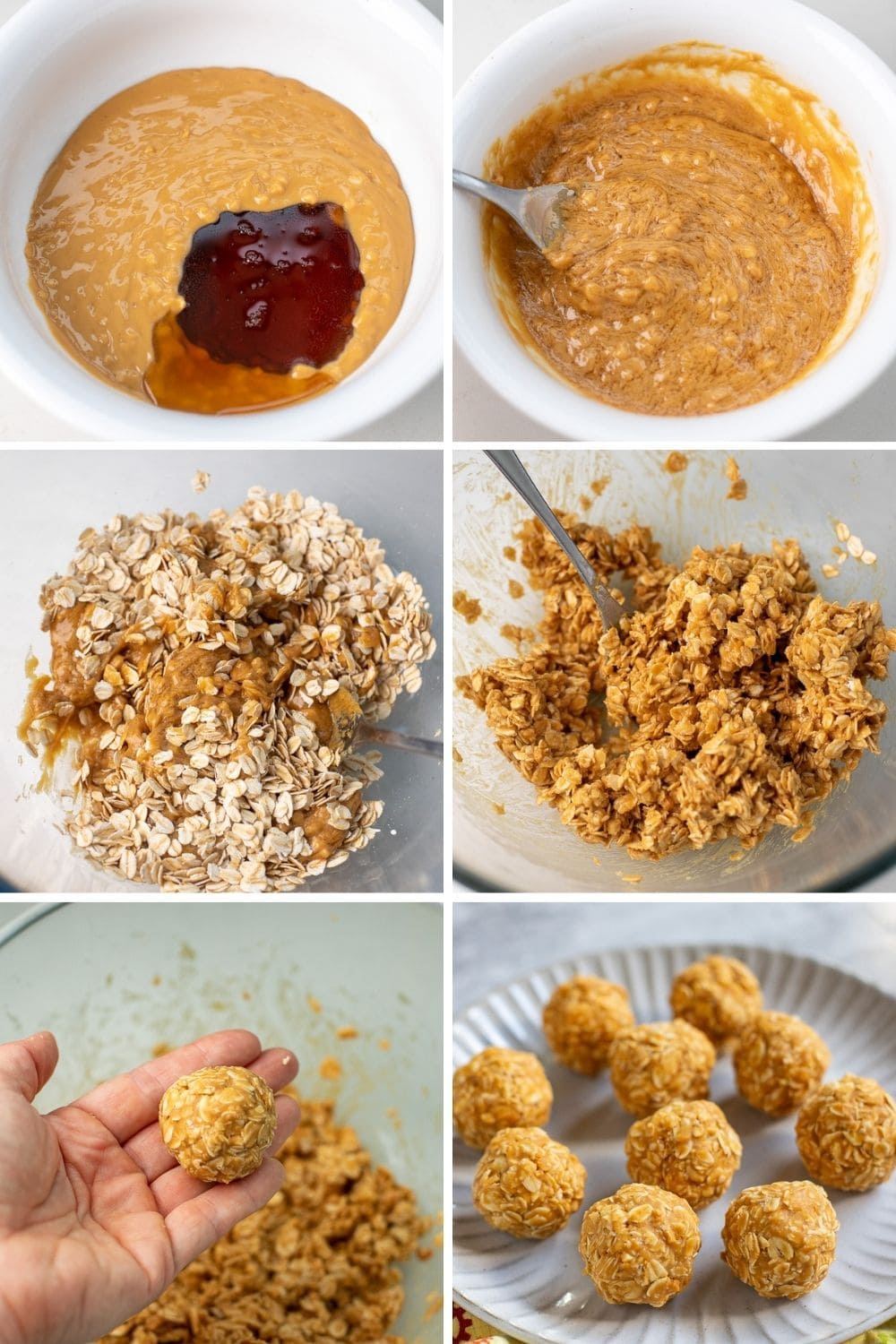 How to make peanut butter balls - combine melted peanut butter, maple syrup, and oats then roll into balls.