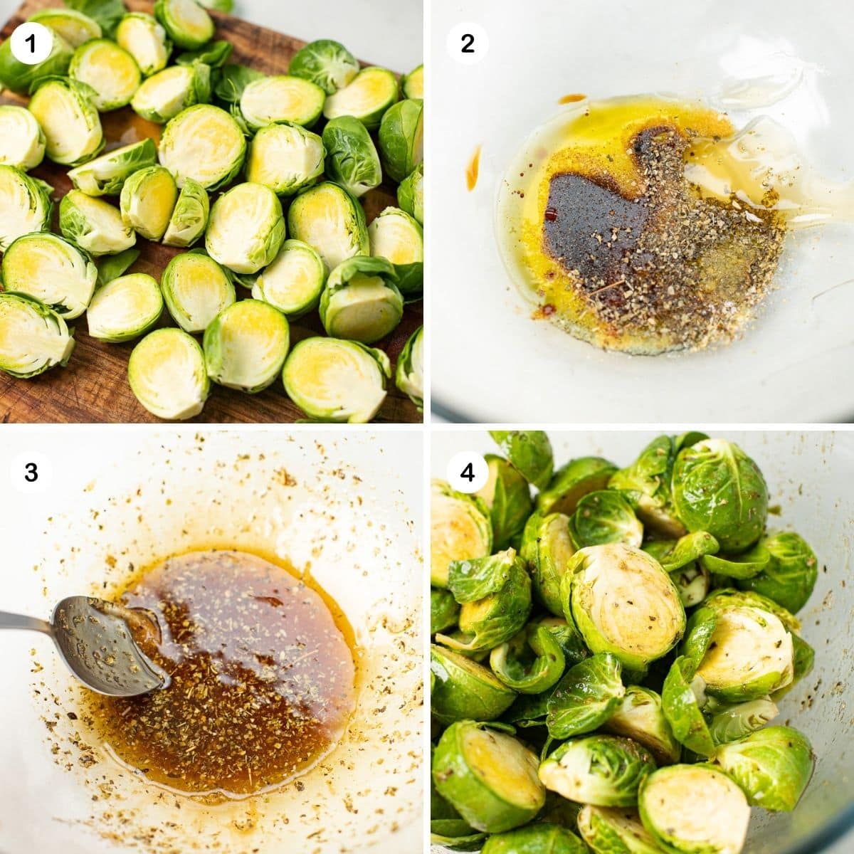 Trim and halve the brussels sprouts and mix olive oil, balsamic vinegar, honey, garlic powder, Italian herbs, salt, and chili powder.