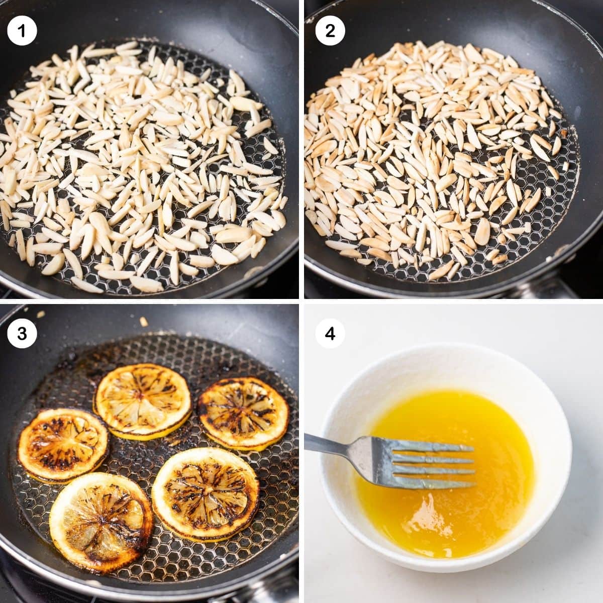 Toast almonds, make lemon honey dressing, and for optional garnish, fry lemon slices.
