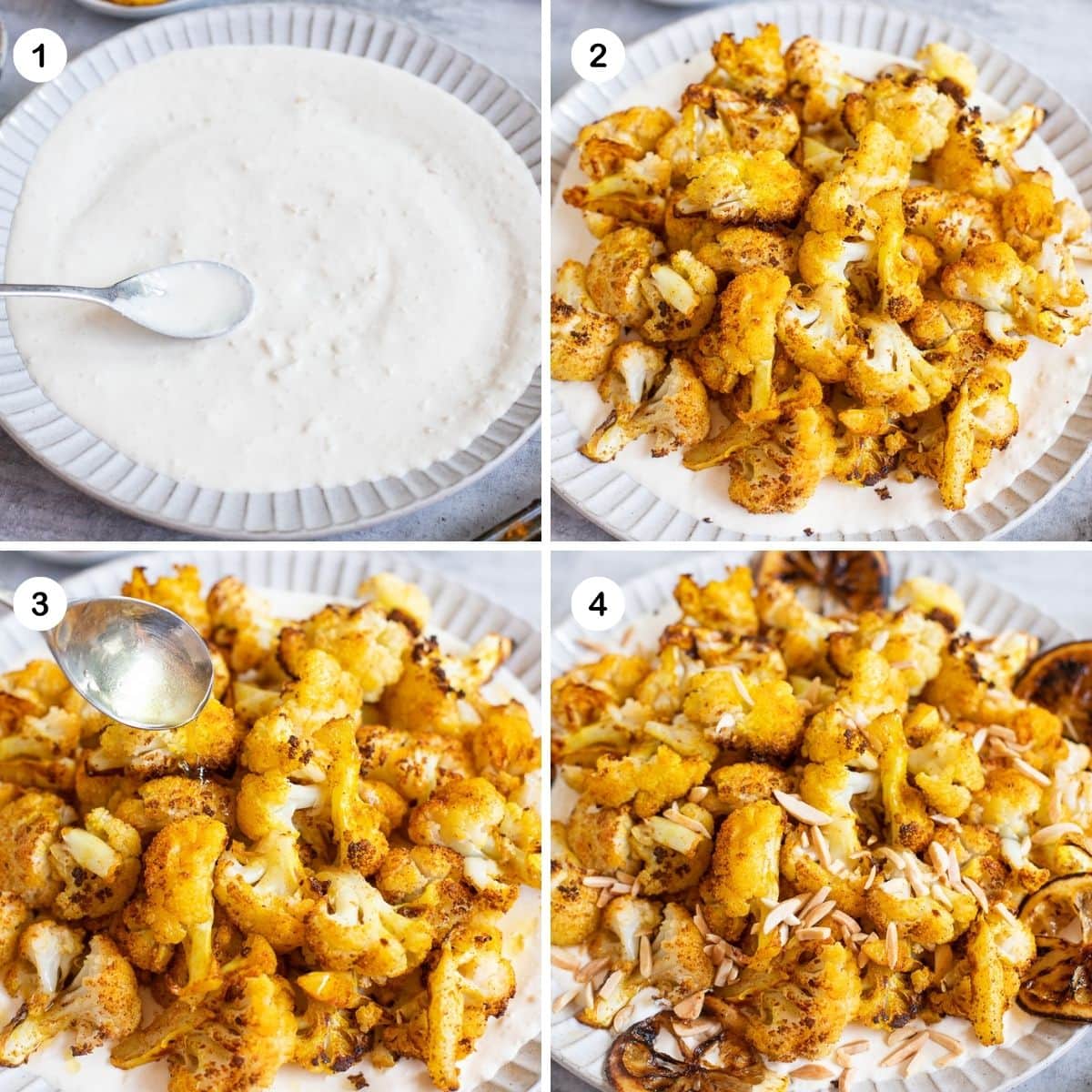 Assembling the roasted cauliflower dish.