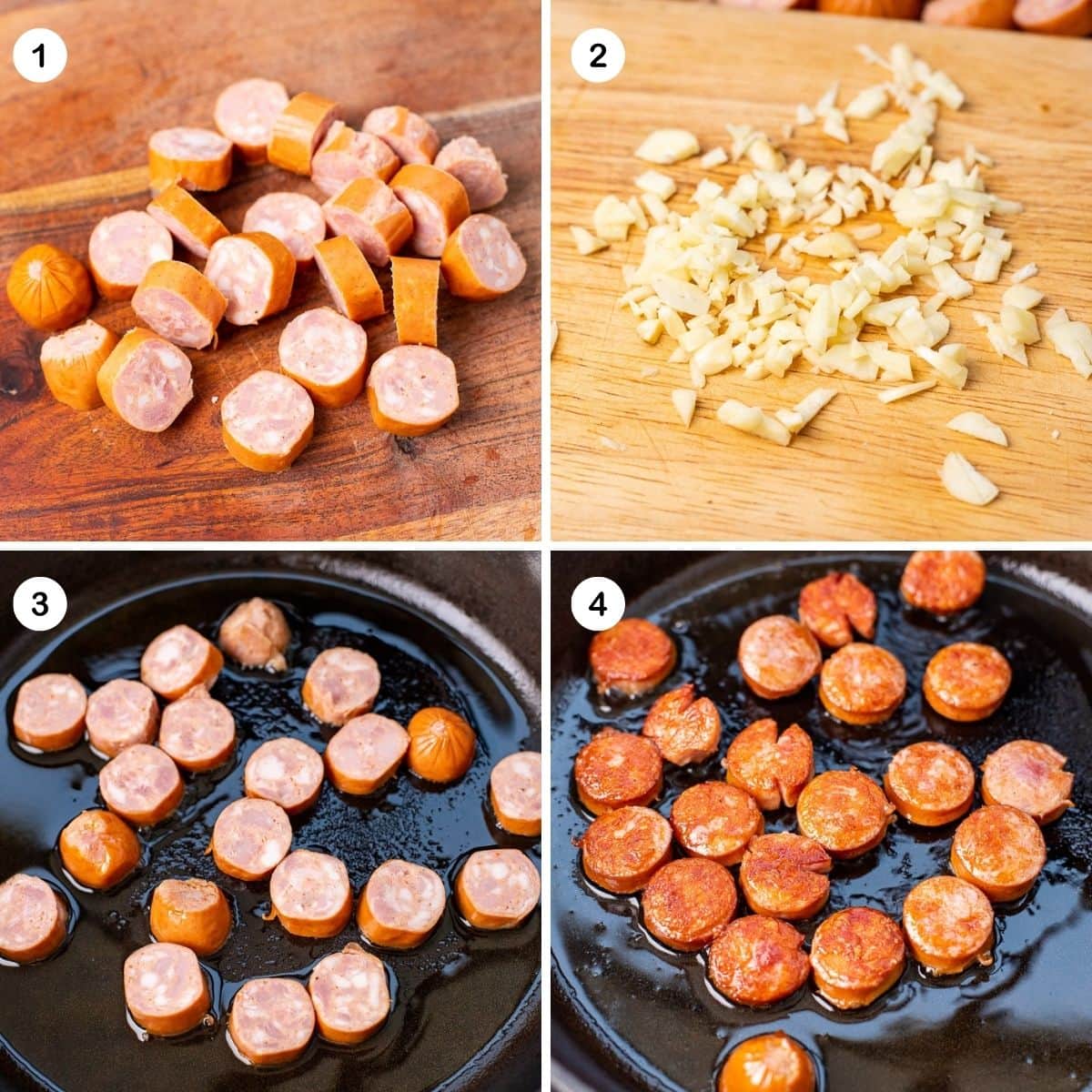 Slice sausages and brown in hot skillet with olive oil