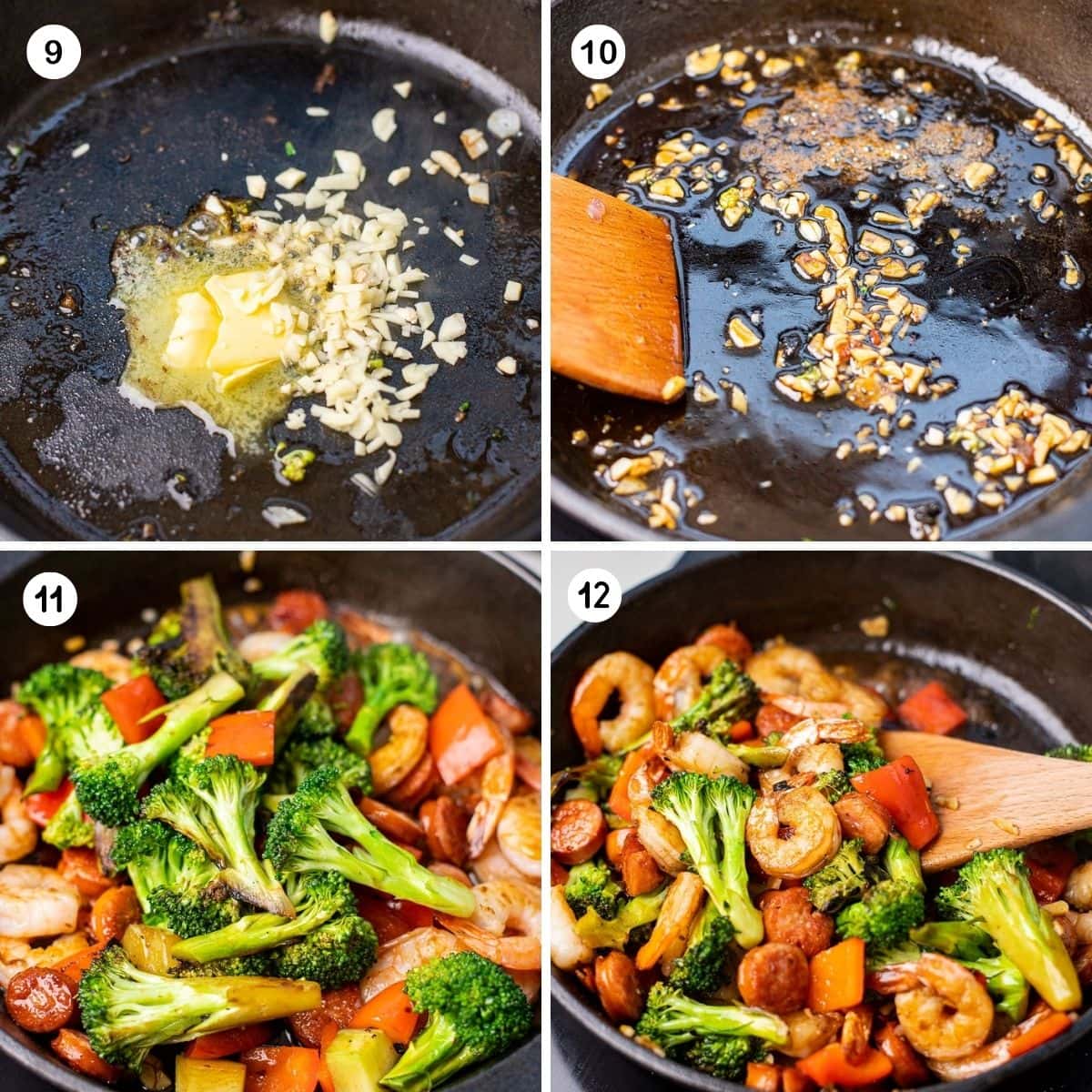 Make the sauce in skillet and toss in sausage, shrimp, and broccoli after