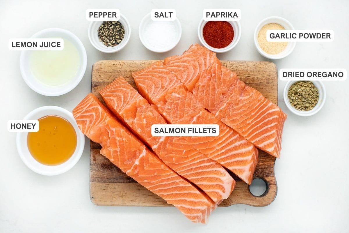 Ingredients for the recipe including salmon, paprika, lemon juice, and more.