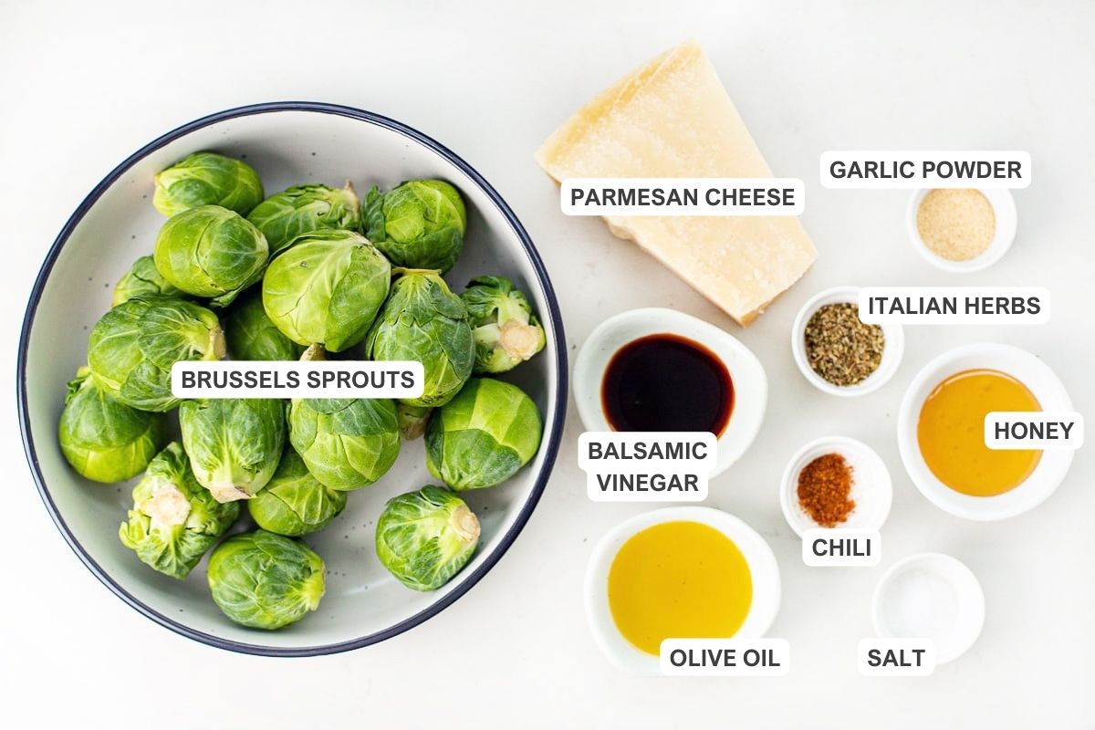 Ingredients for the recipe including brussels sprouts, parmesan, Italian herbs, honey, and more.