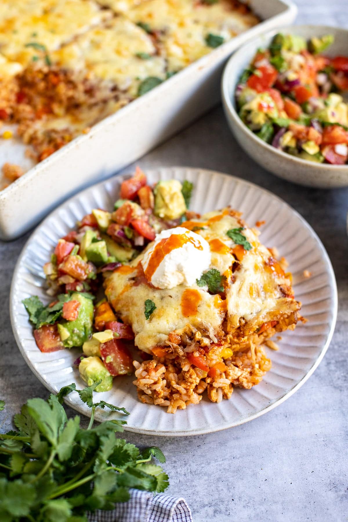 Mexican chicken rice bake on a plate.